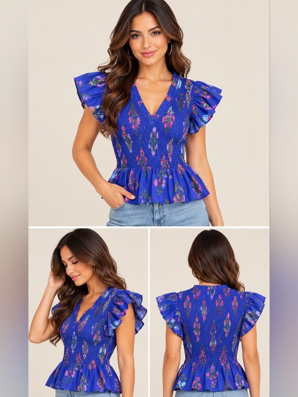 Sugarlips Royal Blue Floral Smocked Peplum Top